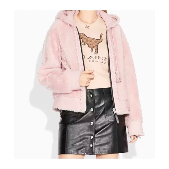 Coach pink shearling hoodie coat NWOT - Picture 1 of 12